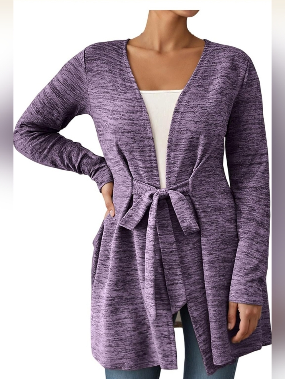 Purple Tie-Waist Open Front Women's Sweater Cardigan